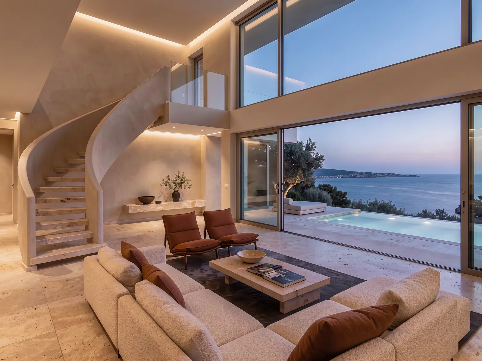 A double-height villa living room at dusk, with hidden lighting, a stone staircase and a view of the pool and the sea