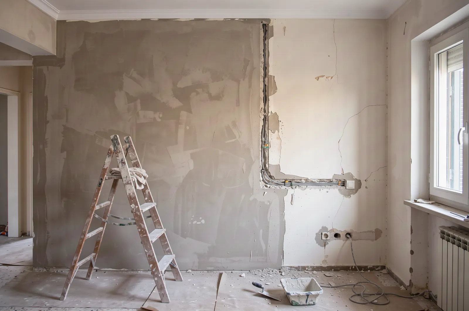A wall under renovation with a cable channel, a ladder and a window