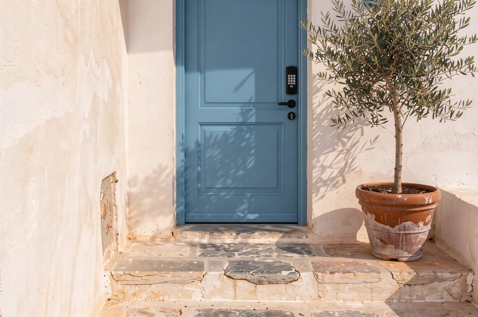 A blue front door with an electronic keypad lock and a potted olive tree