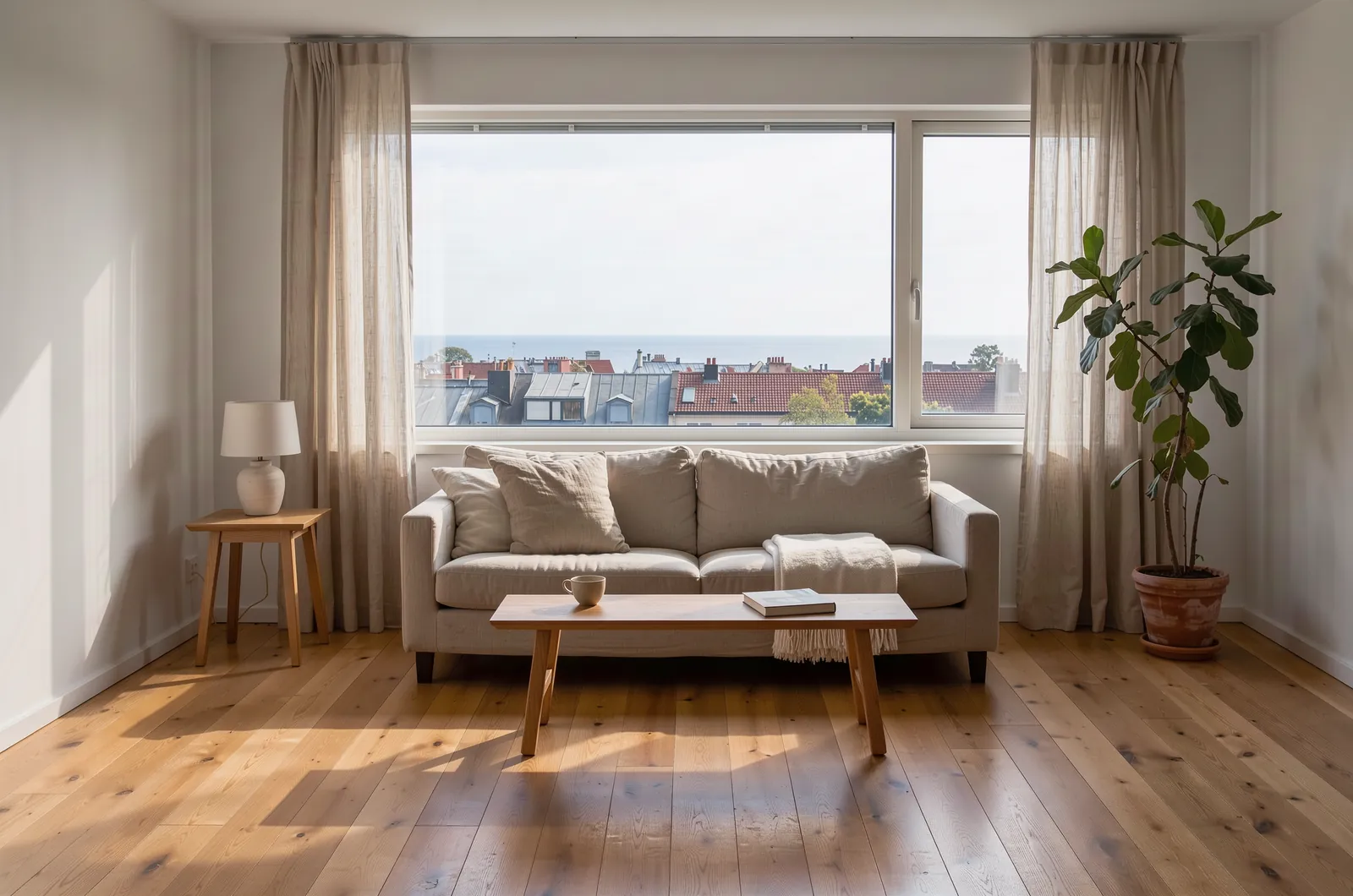 A bright living room with a sofa under a large window overlooking rooftops and the sea, and a potted plant