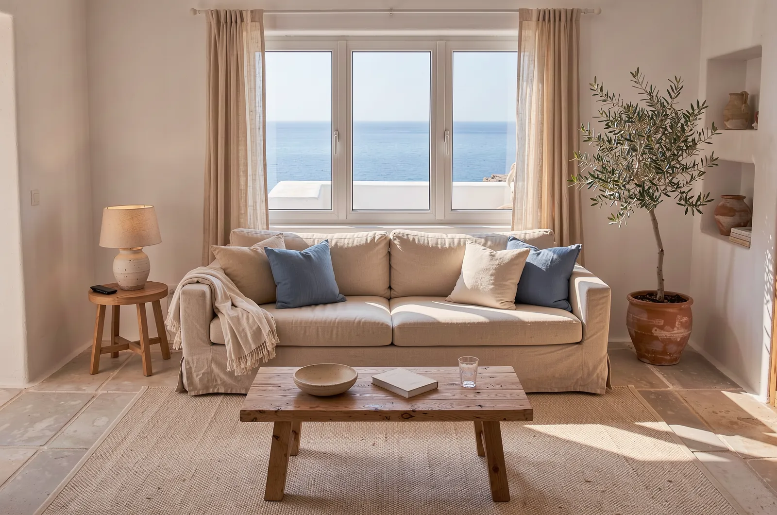 A living room with a sofa under a window with a sea view, a lamp and a potted olive tree