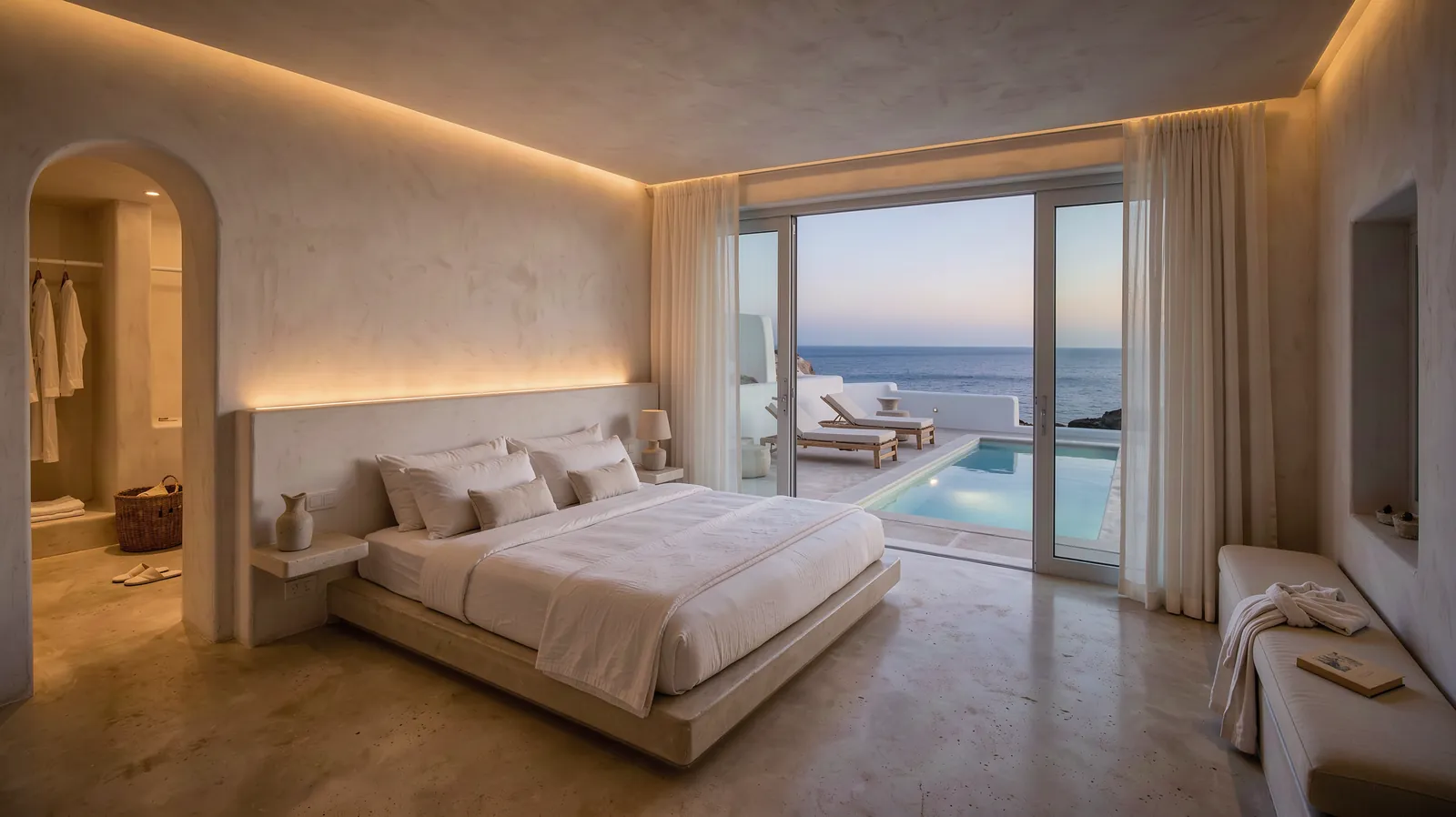 A villa suite in Mykonos at dusk, with hidden lighting, white linen on the bed and a private pool